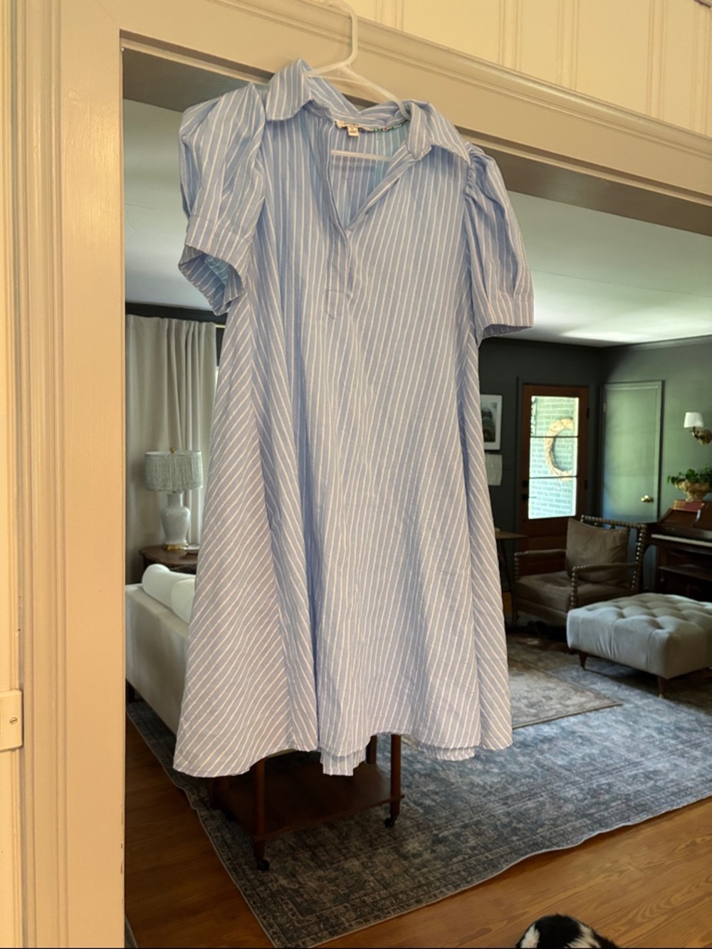 Umgee Light Blue & White Striped Short Sleeve Shirt Dress